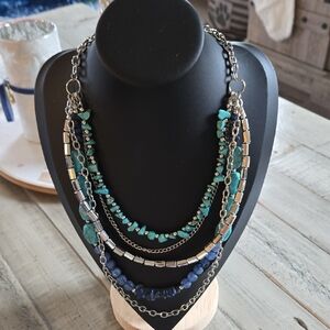 Chic Turquoise and Silver and Navy BlueLayered Statement Necklace